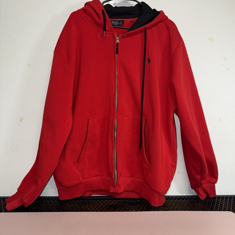 Polo Ralph Lauren Red Zip Hoodie Men's 2XL Full Zip Black Logo Sweatshirt Fleece